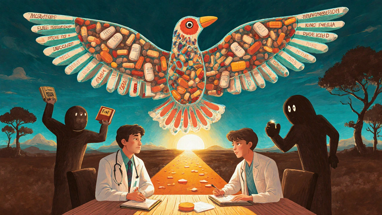 A doctor and teen at a table, connected by a mystical bird made of pills and books, while fear tries to pull away medication.