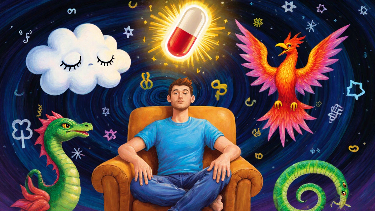 A man surrounded by whimsical side effect creatures, with a glowing enzalutamide capsule above his hand.
