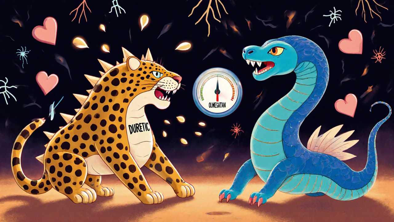 A mythical jaguar and serpent battling over eye pressure, with olmesartan gently lowering the gauge to safety.