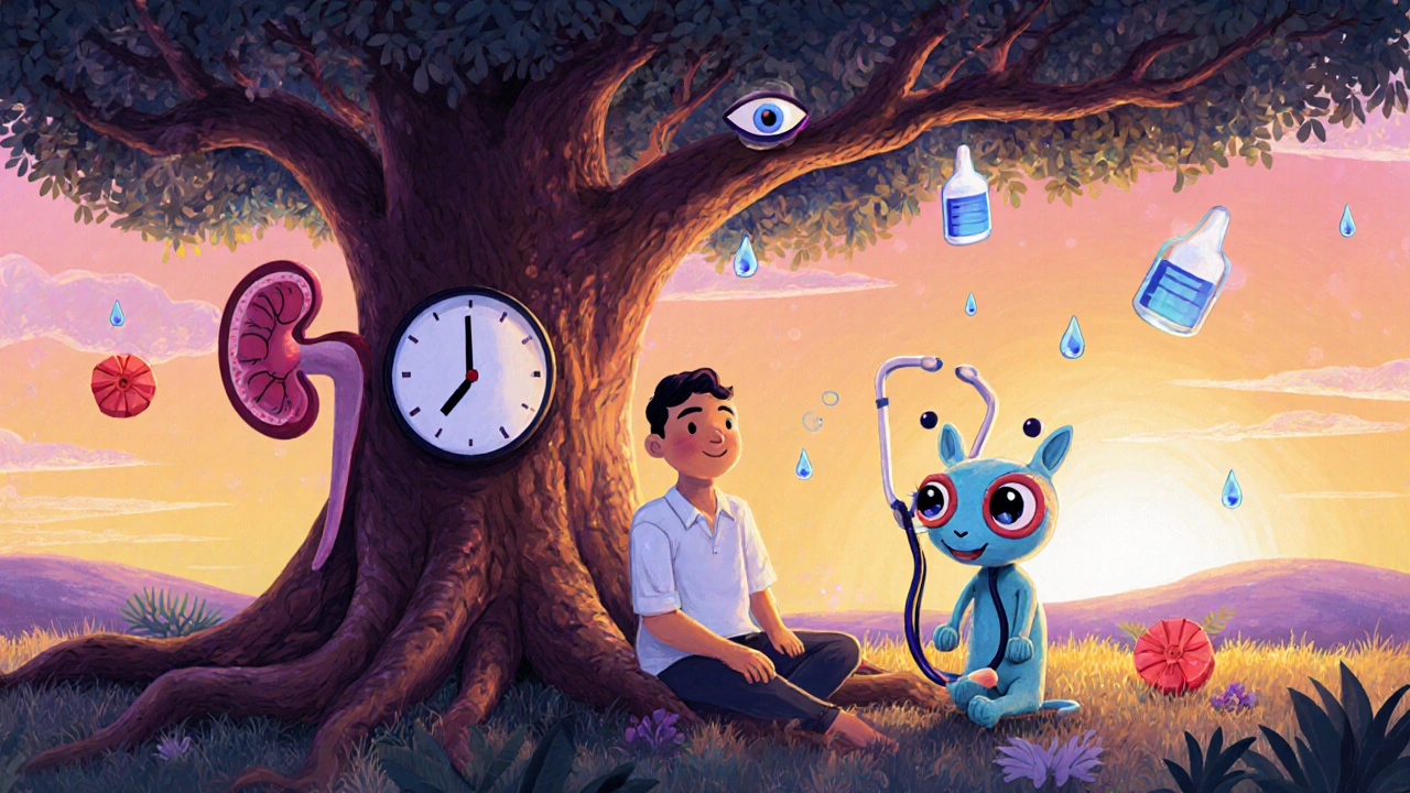 A patient surrounded by health symbols, watched over by a stethoscope-shaped alebrije creature in a peaceful scene.