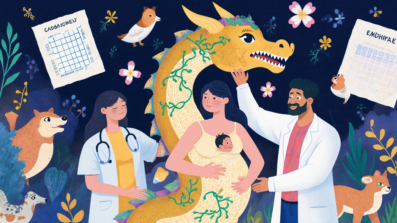 A pregnant woman with an alebrije spirit, supported by doctors, surrounded by symbols of hormonal balance and folic acid.