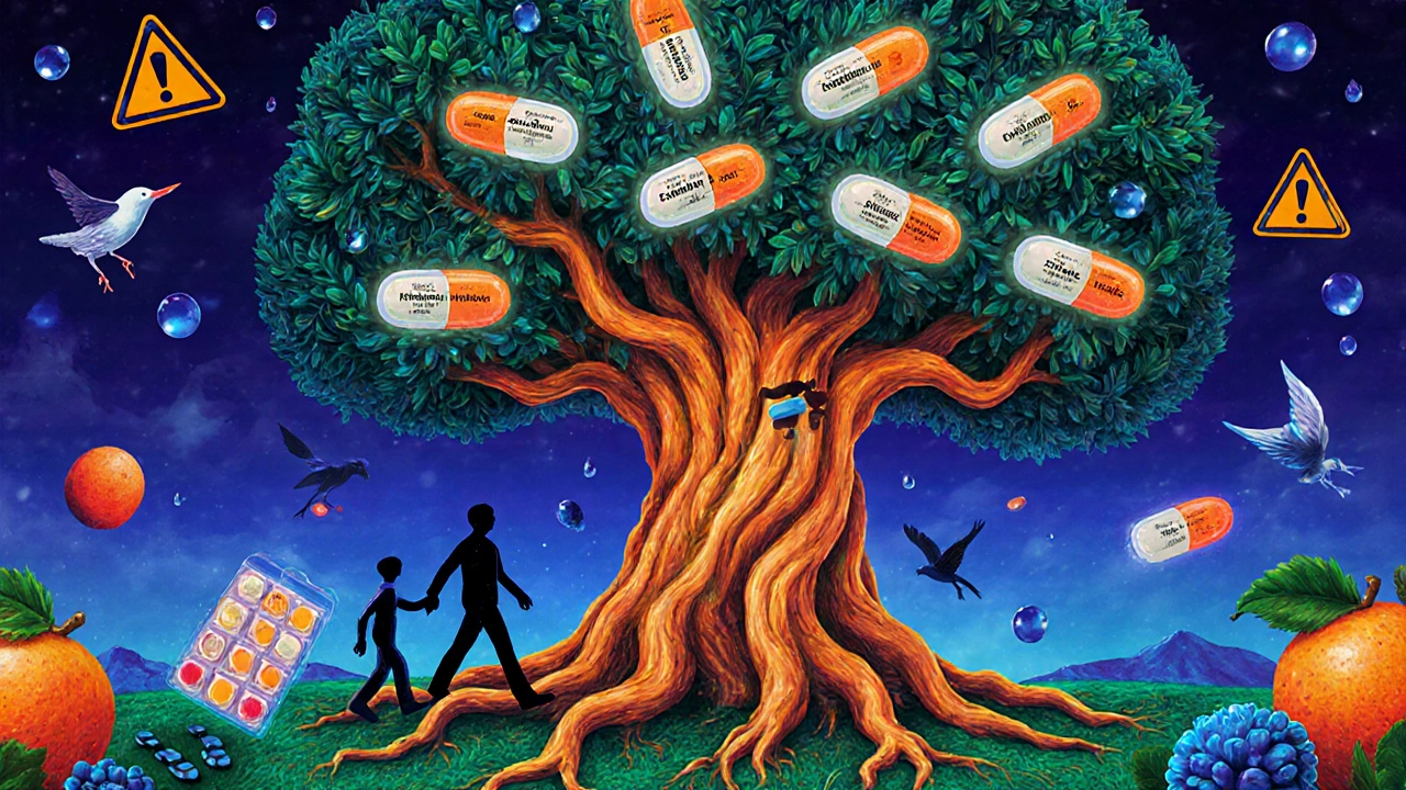 A symbolic tree with capsule fruit and warning birds, while a man walks with hope under a protective sky.