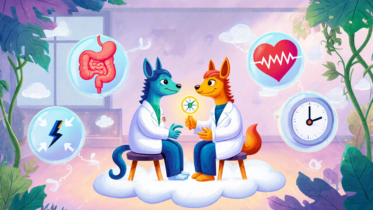 Alebrije doctor and patient surrounded by icons decide on the best medication.