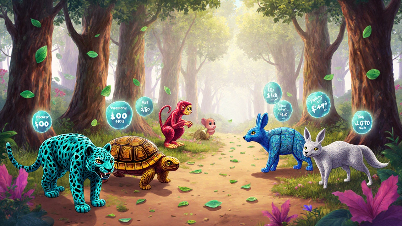 Alebrije forest paths showing different statin animals with data leaves.