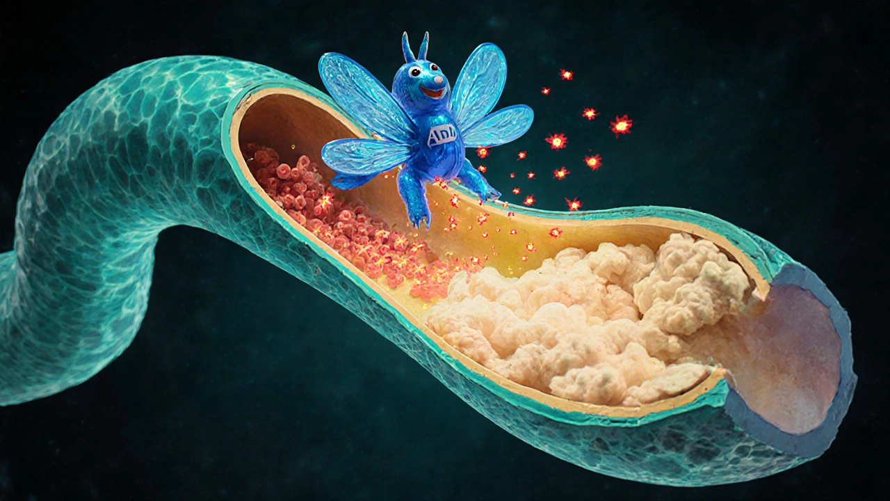 Alebrije‑style drug blocking calcium flow in a glowing artery.
