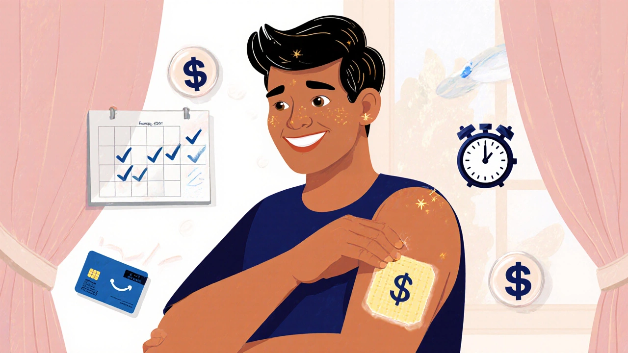 Alebrije‑style patient applying a weekly patch, with calendar and floating cost and insurance symbols.