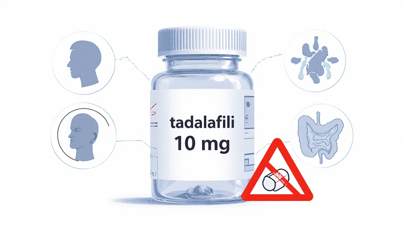 Bottle of tadalafil surrounded by icons of common side effects and a warning symbol.