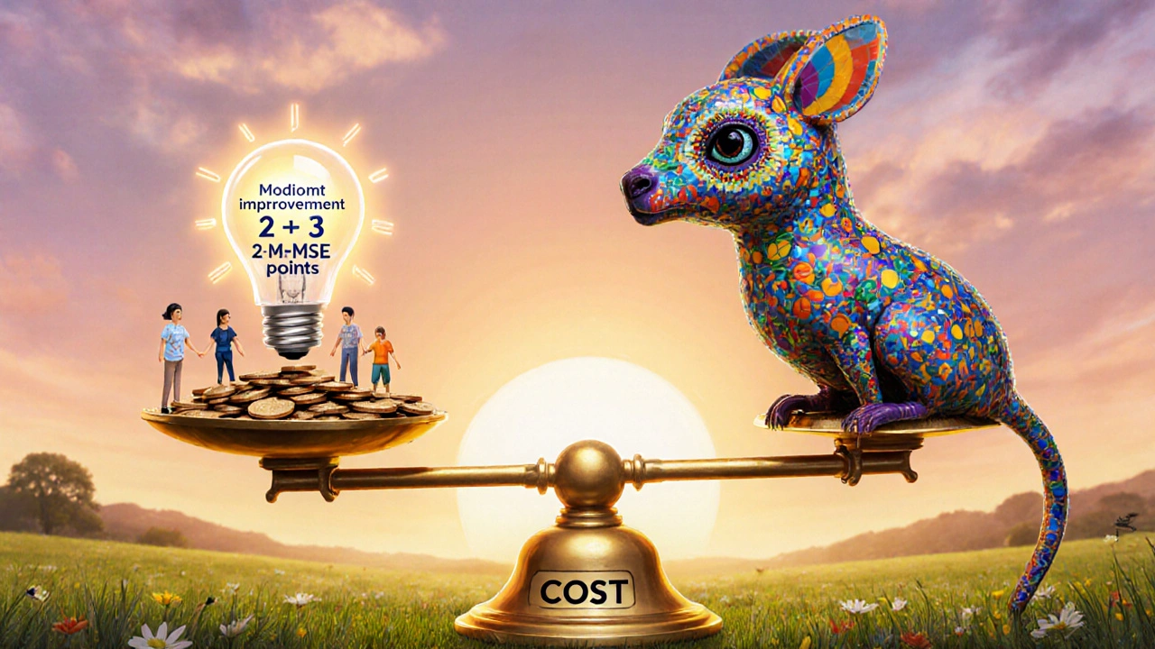 Brain‑shaped alebrije on balance scale illustrates cost‑effectiveness of Donepezil.