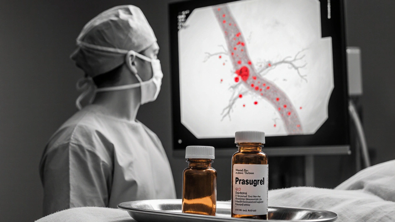 Catheter lab scene with stent placement, aspirin and prasugrel bottles, and a faint bleeding warning.