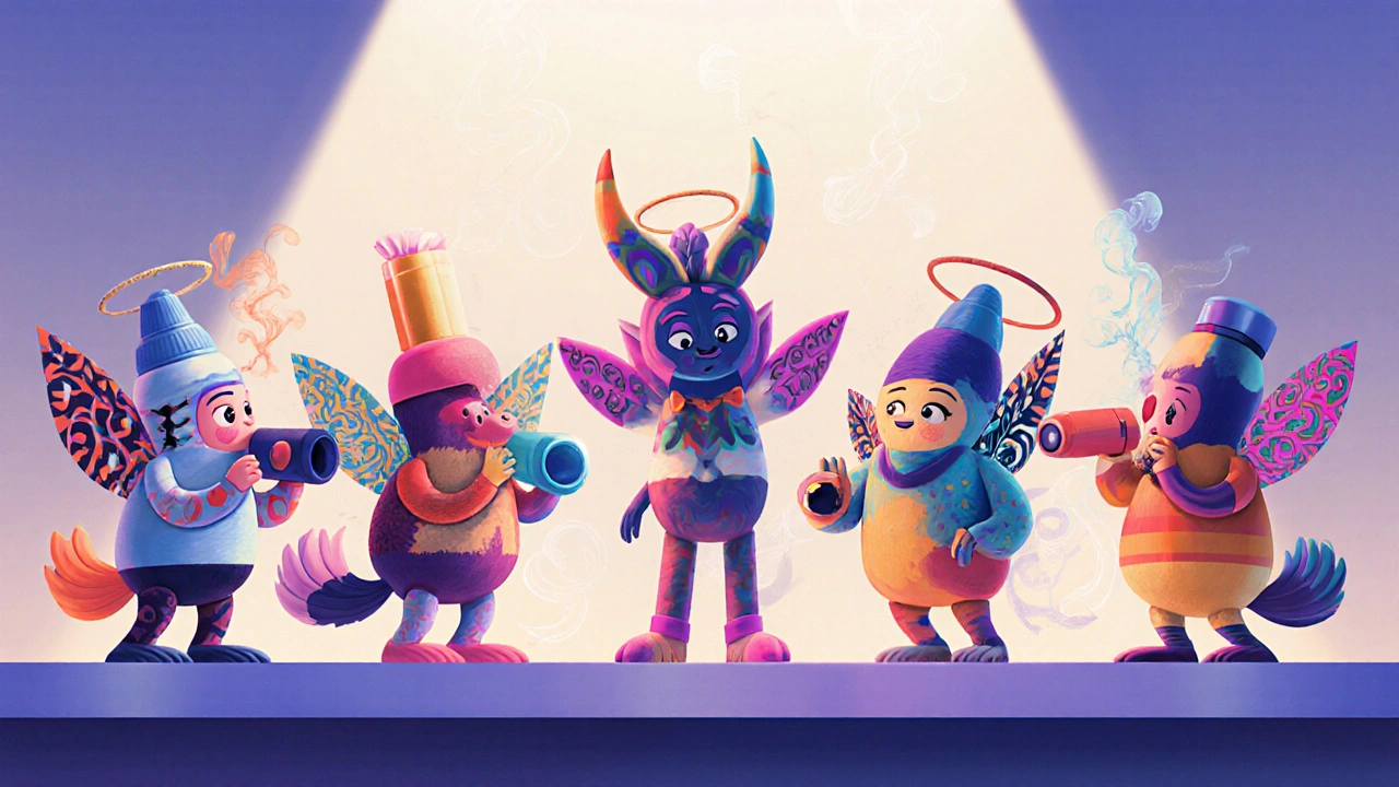 Colorful alebrije inhaler characters representing various asthma devices lined up together.