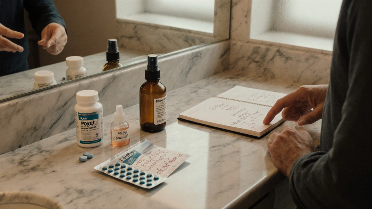 Couple at bathroom vanity reviewing Poxet, sertraline, lidocaine spray, and therapy notes.