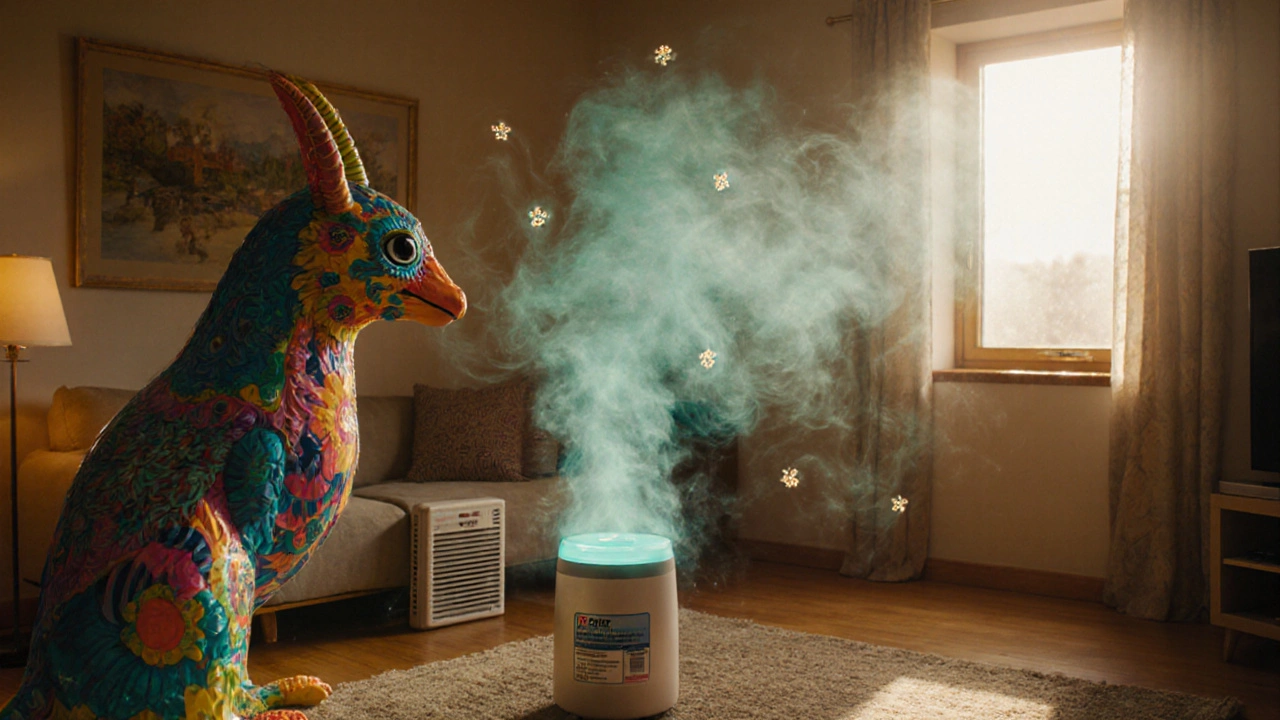 Cozy indoor room with humidifier mist, HVAC filter, open window, and colorful guardian protecting the lungs.