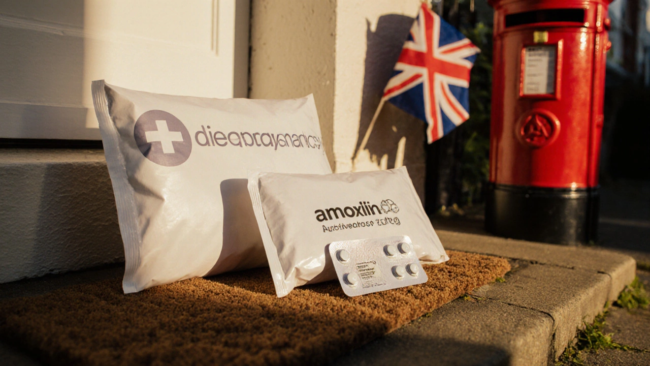 Delivered parcel on a UK doorstep open to reveal a blister pack of generic amoxicillin.