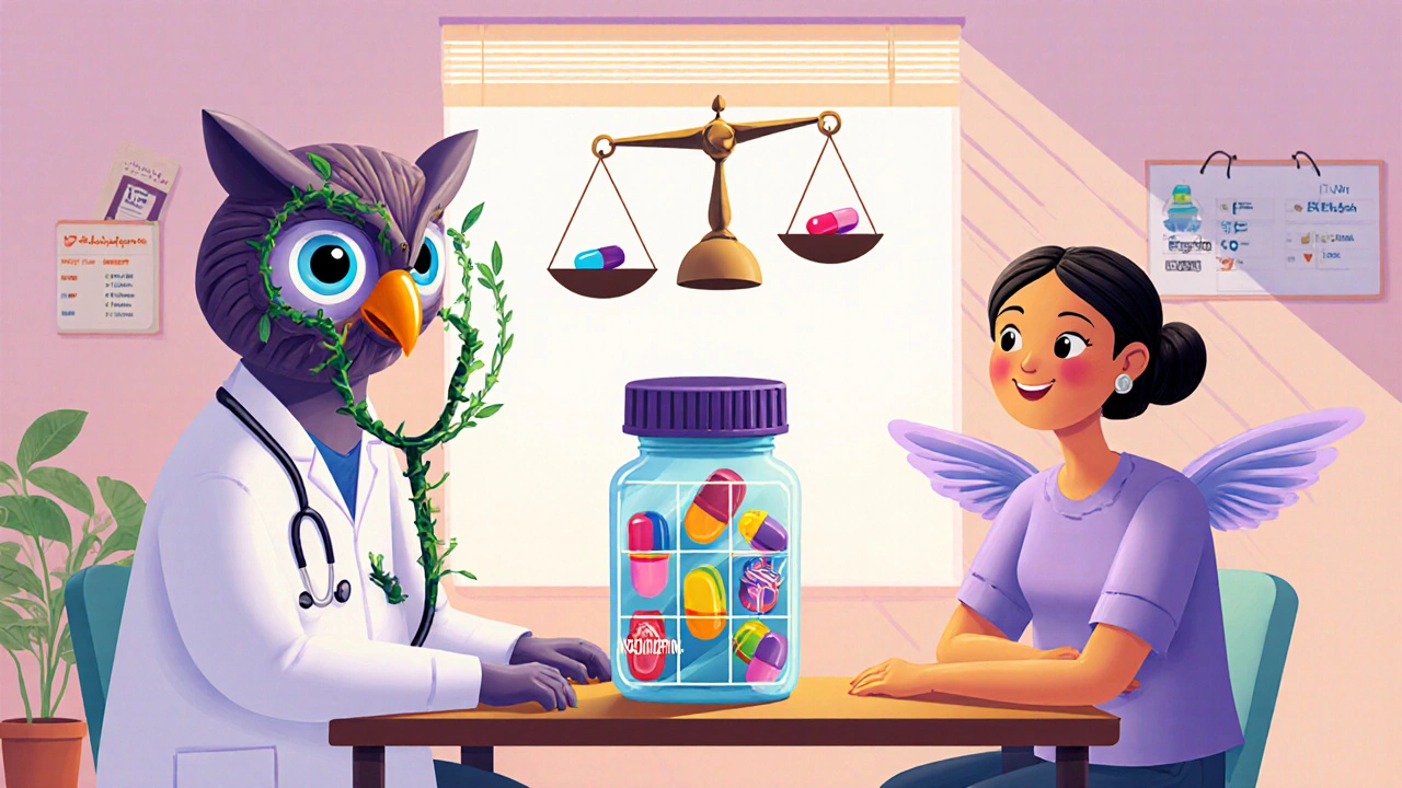 Doctor and patient alebrije figures reviewing medication options on a scale.