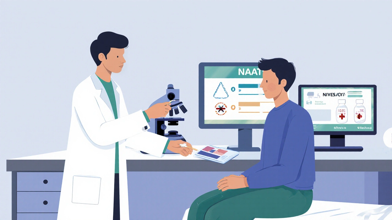 Doctor showing a swab to patient while lab equipment displays testing tools.