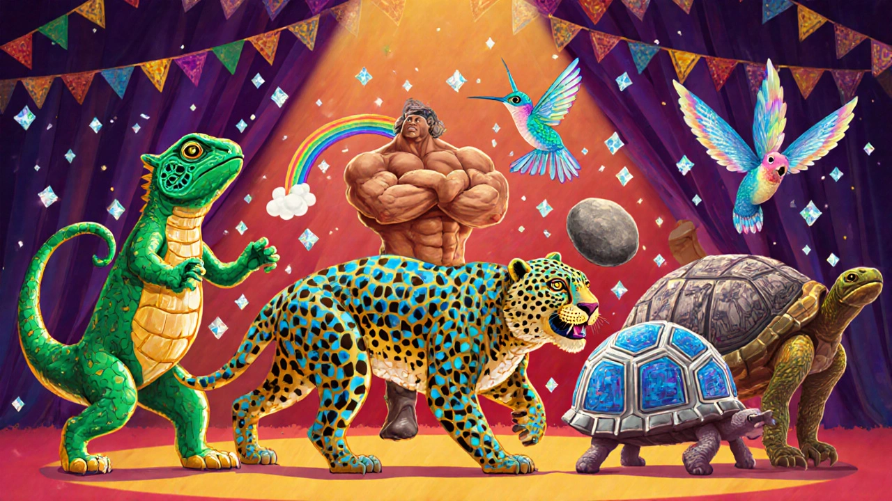 Fantasy parade of animal figures: chameleon, jaguar, hummingbird, turtle, and butterfly representing drug alternatives.