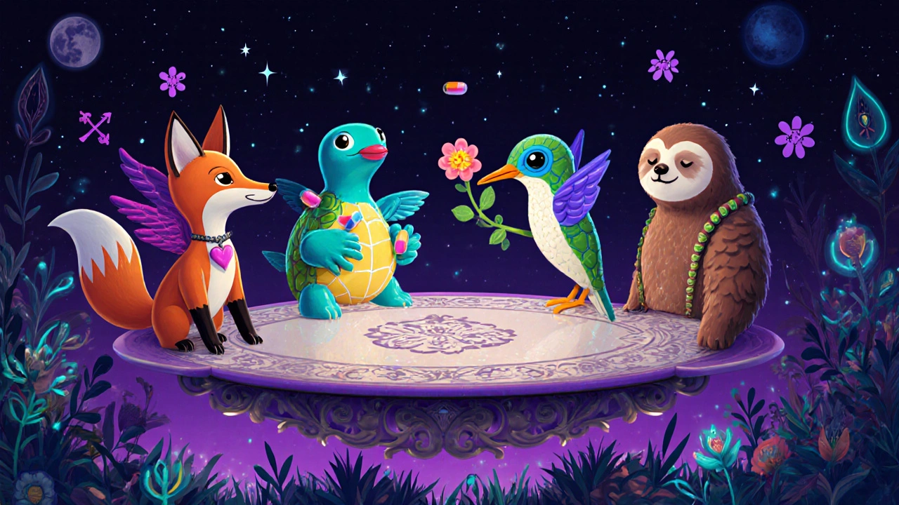 Four alebrije characters represent alternative anti‑emetic drugs and their side effects.