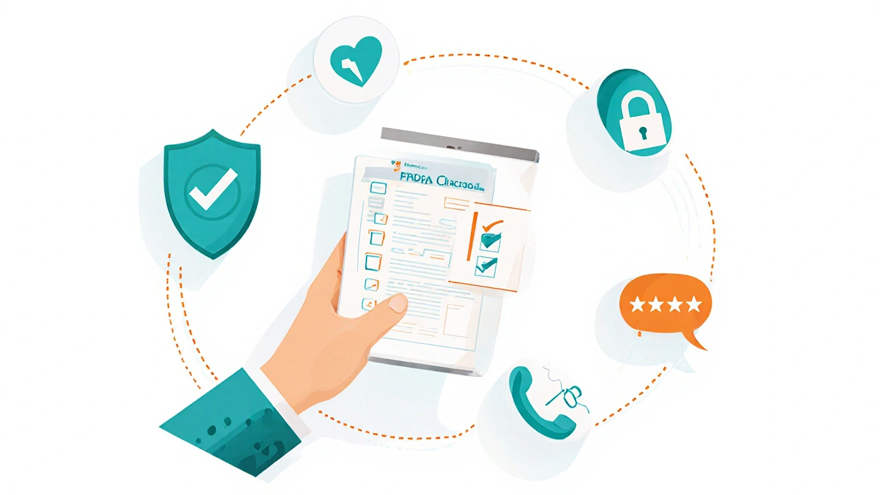 Hand holding tablet surrounded by icons for pharmacy safety checks.