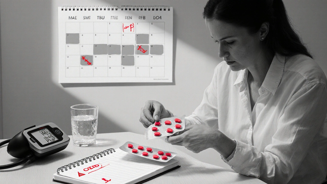 Home setting with a patient checking prasugrel pills, a 12‑month calendar, and blood test notes.