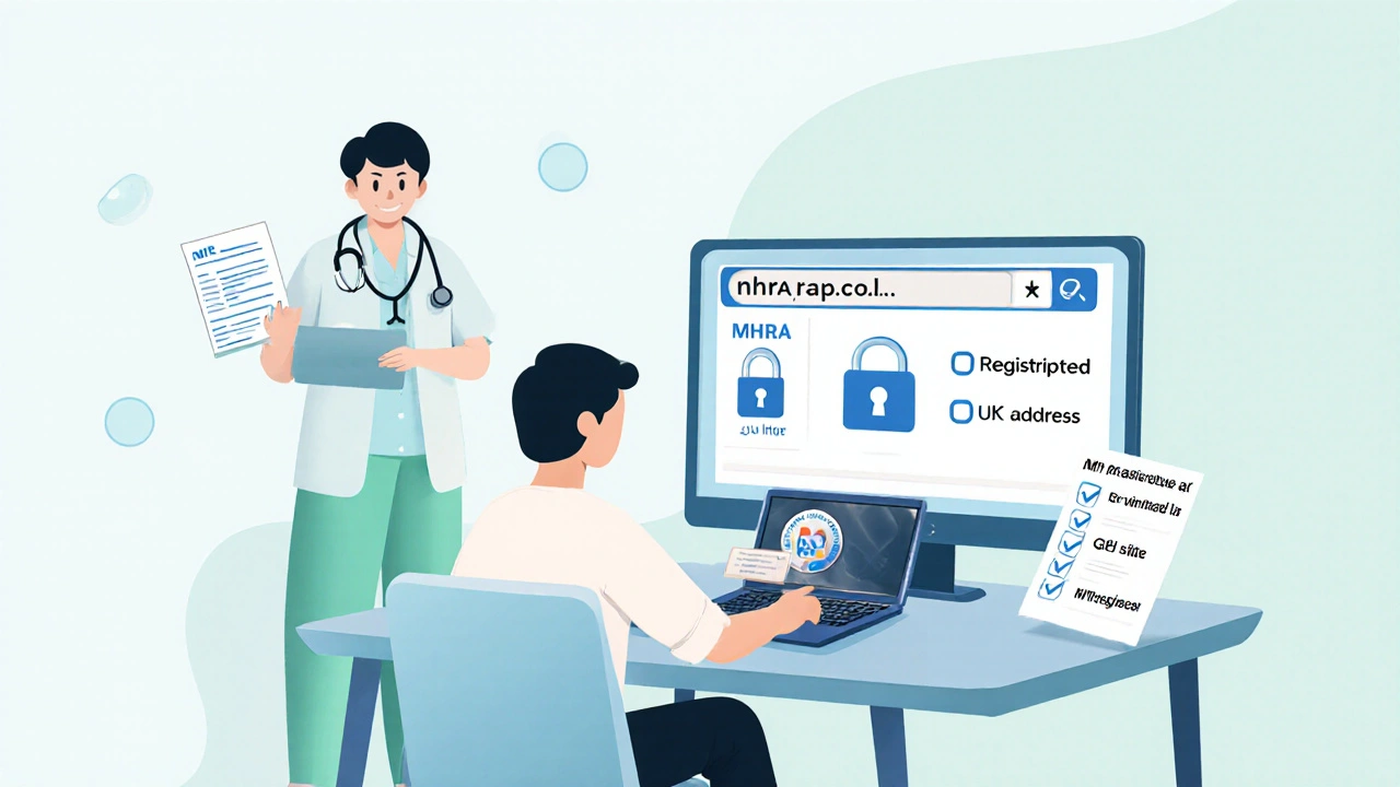 Illustration of a laptop showing secure website icons and verification checklist for a UK pharmacy.