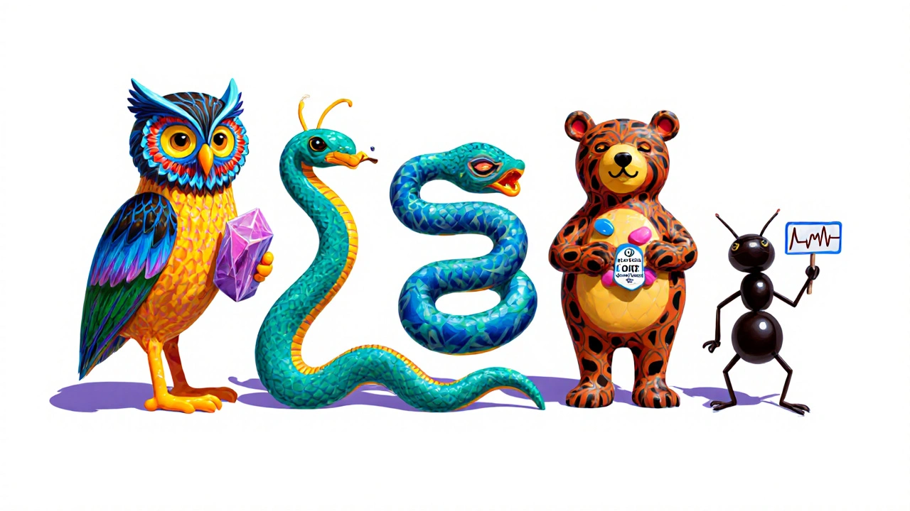 Lineup of Alebrije characters personifying Metoclopramide, Ondansetron, Prochlorperazine, and Erythromycin.