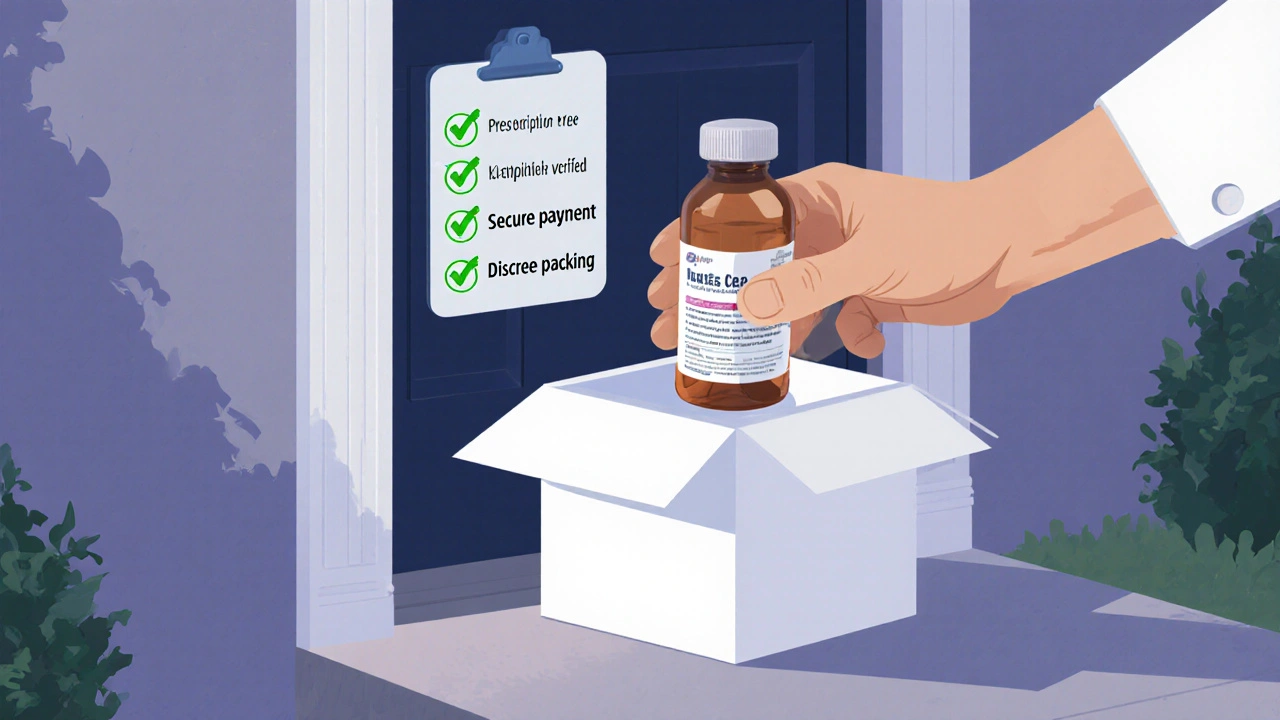 Man opening a plain box delivering discreet generic Cialis pills.