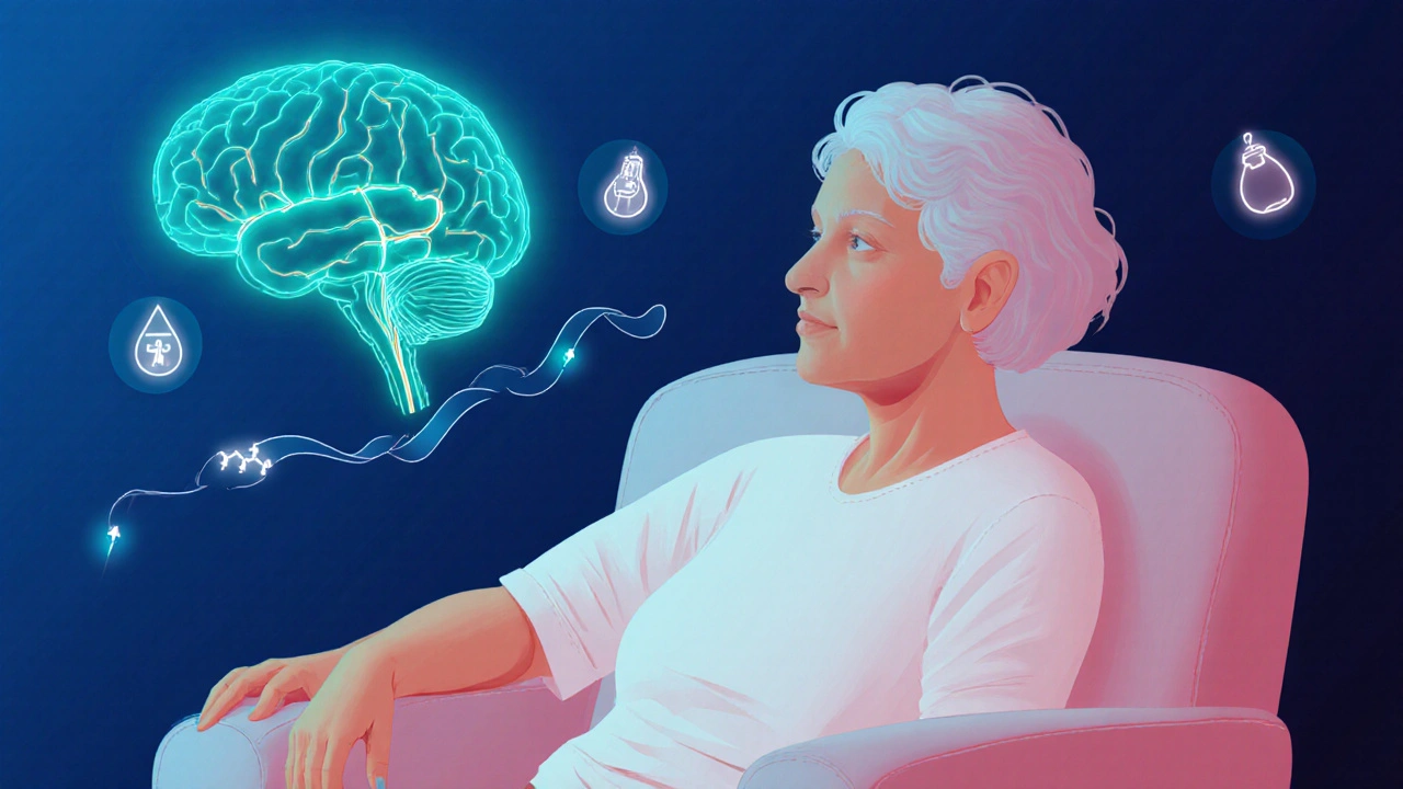 Mid‑life woman with brain overlay, showing CGRP injection and hormone therapy.