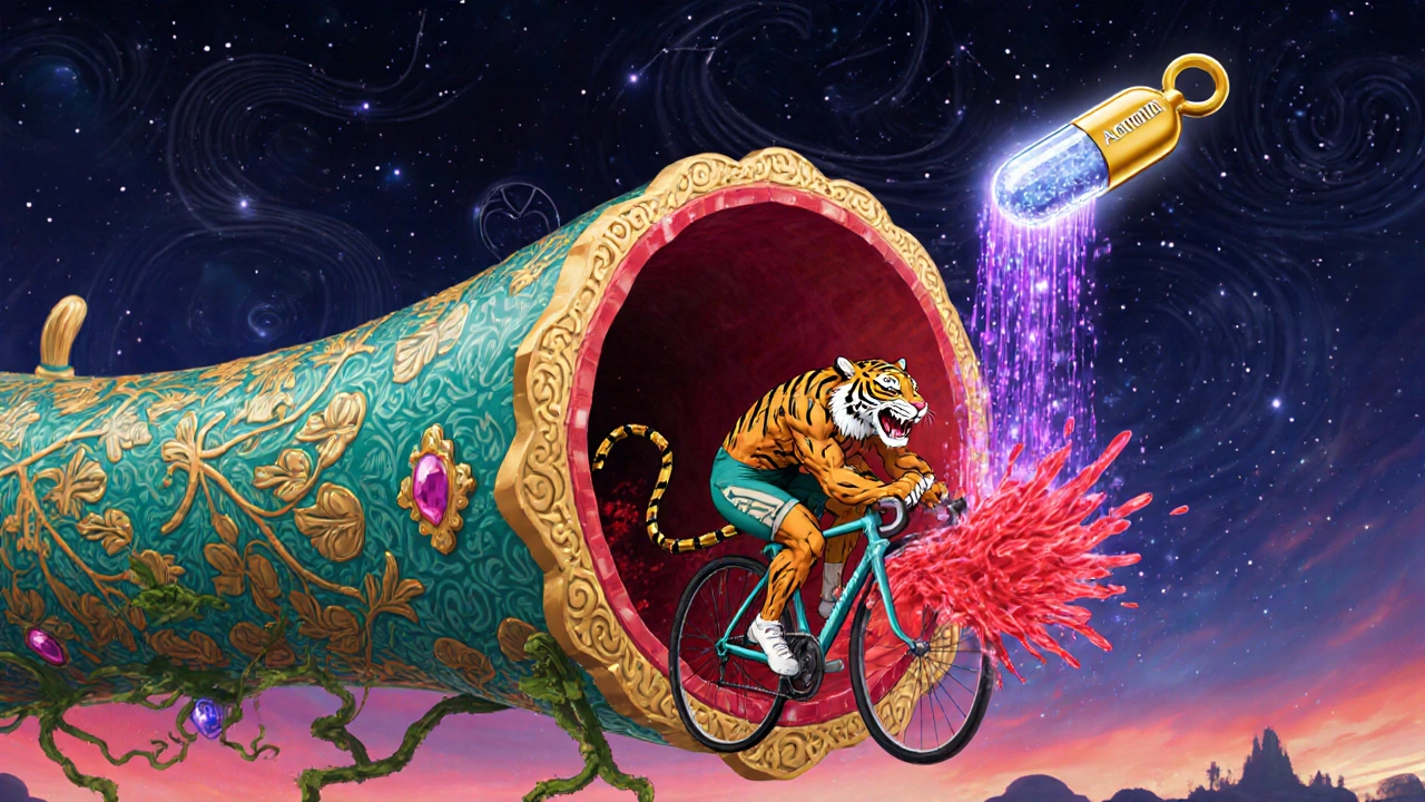 Muscular tiger cyclist pumps blood through a widening artery opened by a pill key.