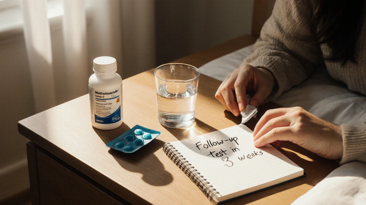 Nightstand with medication bottle, condoms, water glass, and reminder note.