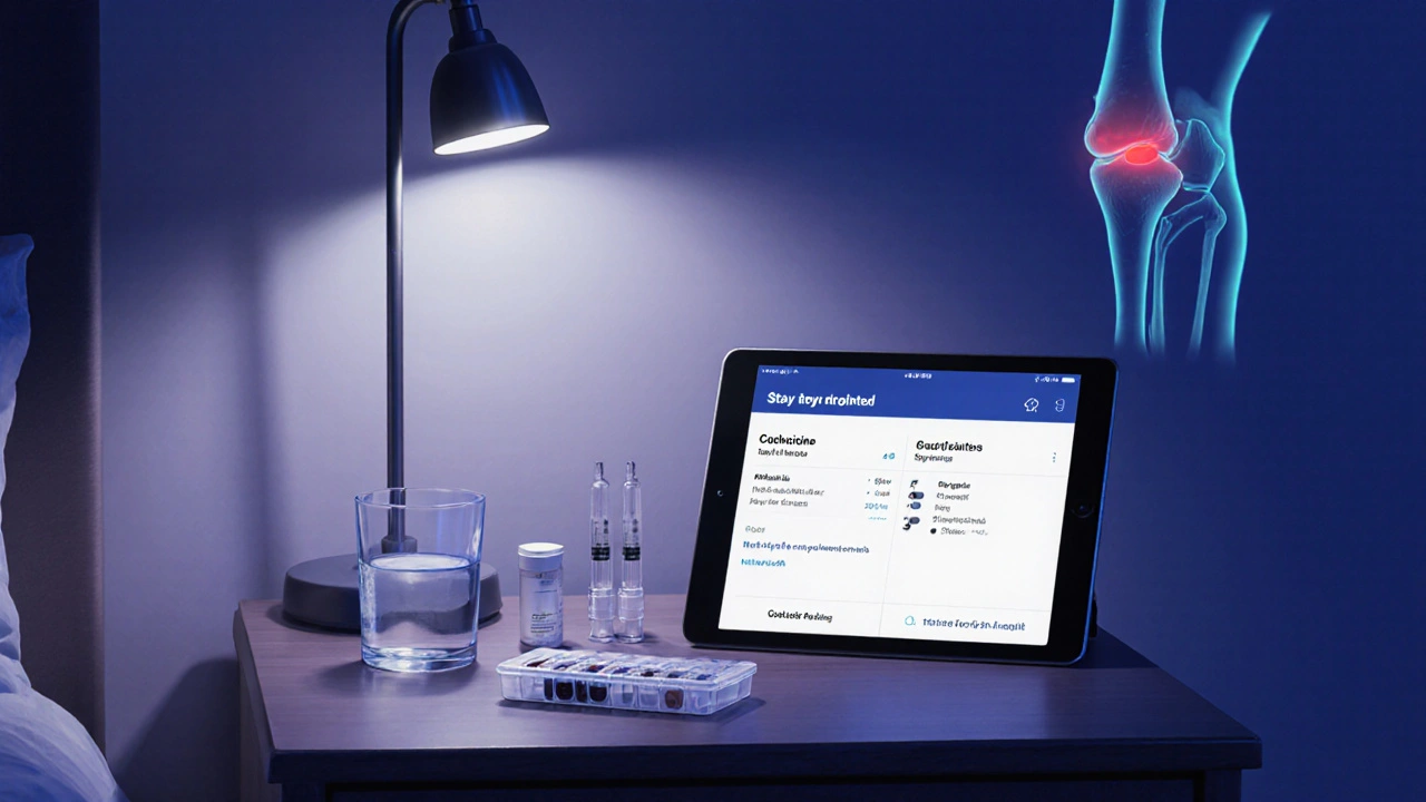Nightstand with water, pill organizer, syringes, and tablet showing health data in a bedroom.