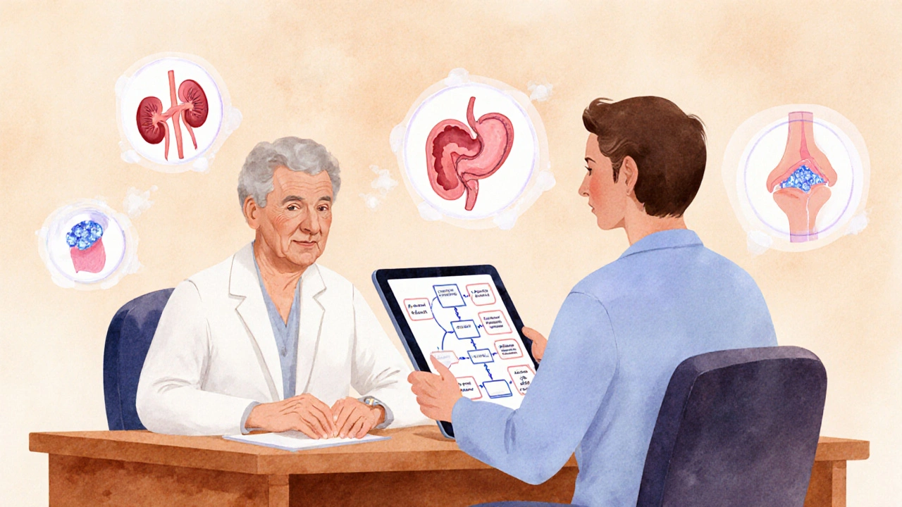 Patient and doctor discussing treatment options with kidney, heart, and joint icons around them.