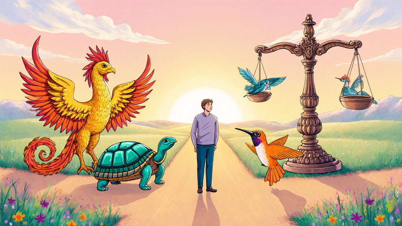 Patient at crossroads with alebrije guides of Crestor, Pravachol, and Lipitor.