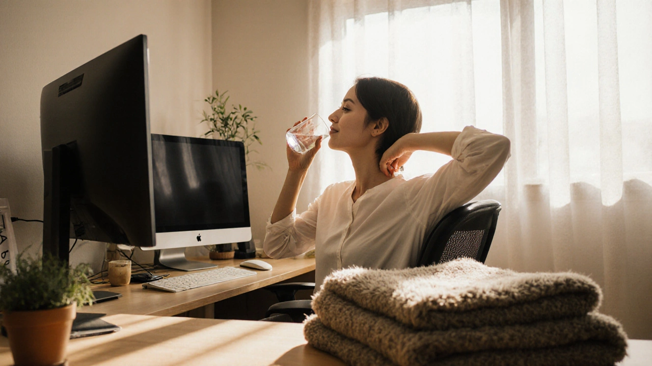 Person stretching at a desk, drinking water, after an acupuncture session.