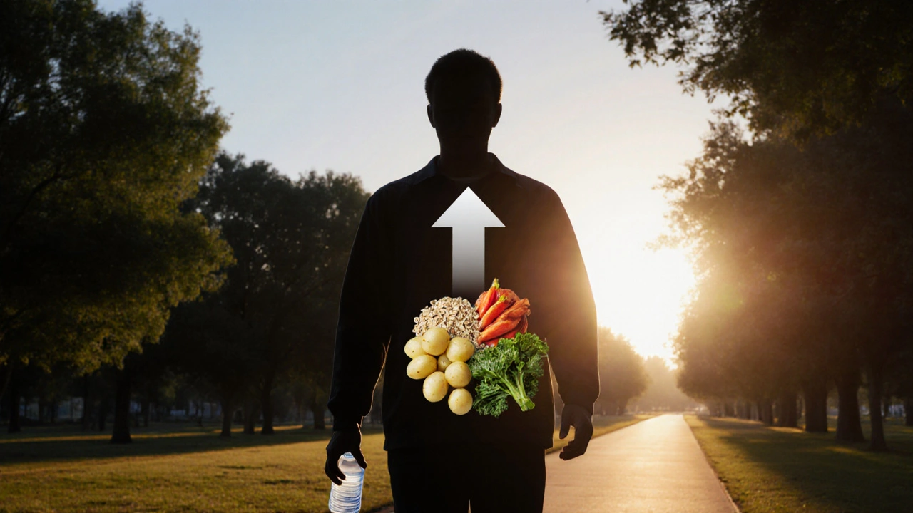 Person walking at sunrise after a light, low‑fat breakfast, looking relieved.