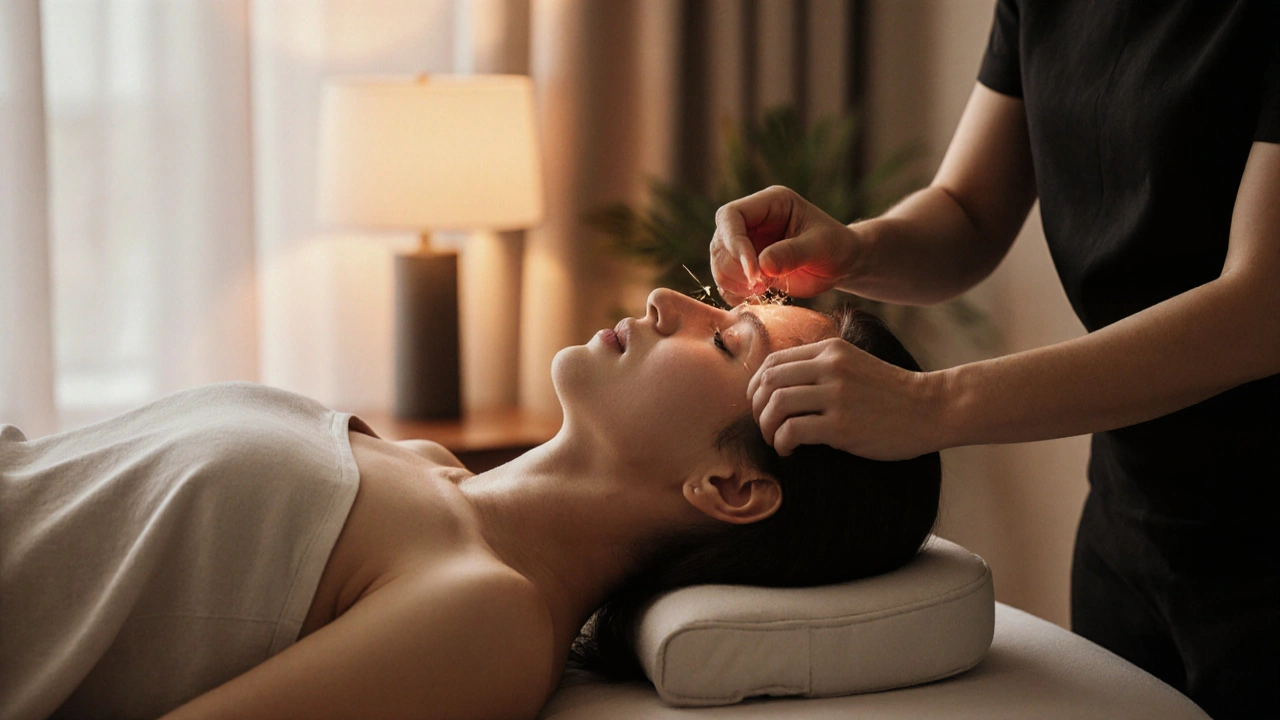 Photorealistic view of a patient receiving acupuncture for neck muscle spasms.