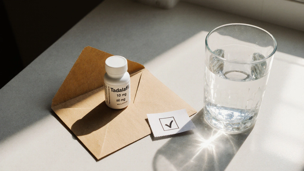 Plain envelope opened to reveal a pill bottle of generic Cialis on a countertop.