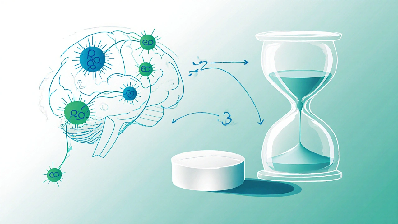 Poxet tablet with hourglass, serotonin molecules, and brain diagram showing rapid action.