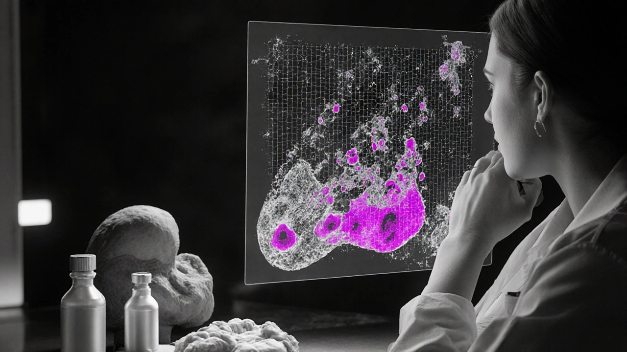 Researcher viewing a holographic tumor map with highlighted cell clusters.