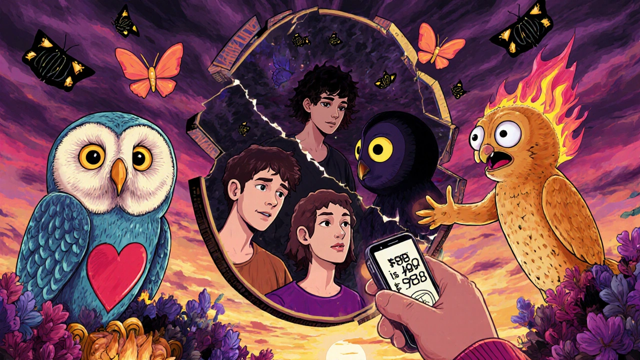 Three versions of a young adult reflected in a fractured mirror, with hybrid creatures symbolizing support and a glowing 988 number.