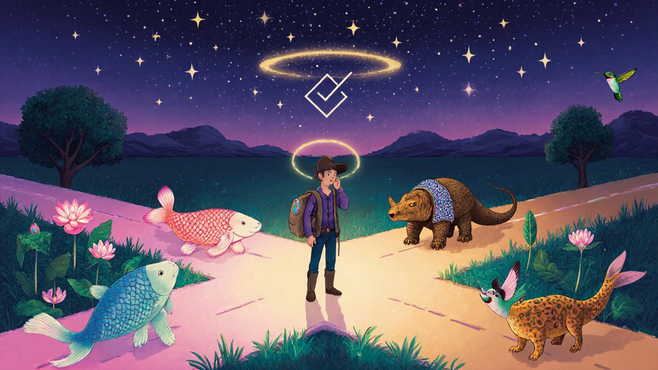 Traveler at a glowing crossroads with three illuminated paths, each guided by symbolic creatures.