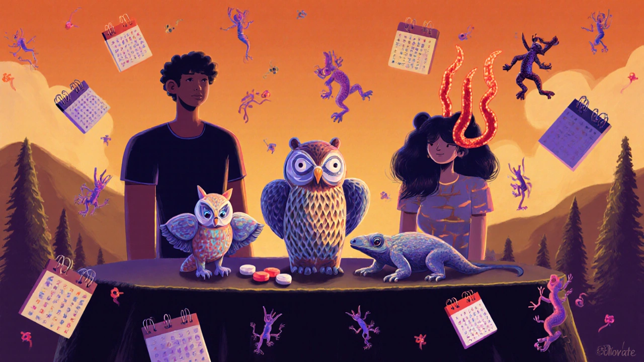 Two people beside pills turned into alebrije animals, showing fertility impacts of different antipsychotics.