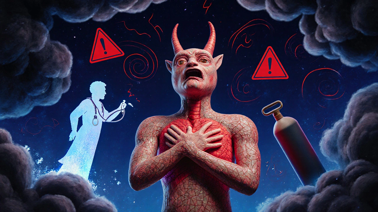 Urgent scene of a person clutching chest with red alarms, doctor silhouette, and oxygen tank.