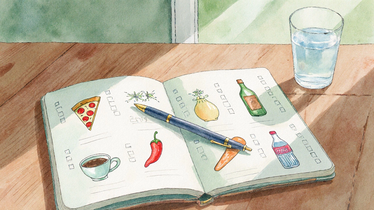 Watercolor notebook showing food icons and check boxes for a diet diary.