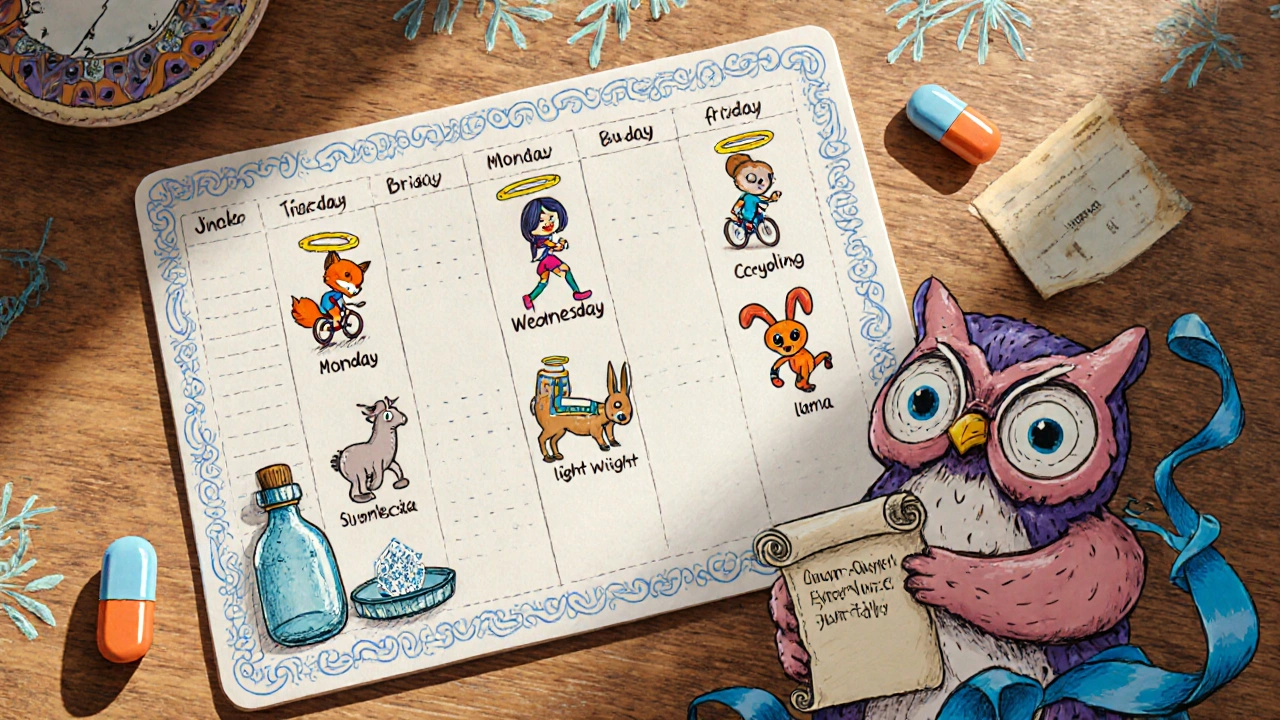 Weekly planner with animal icons, pill capsules, water bottle, and doctor owl.