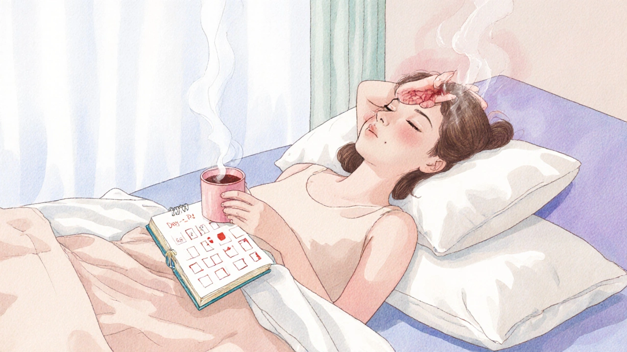 Woman on bedroom floor with calendar marks for menstrual migraine days.
