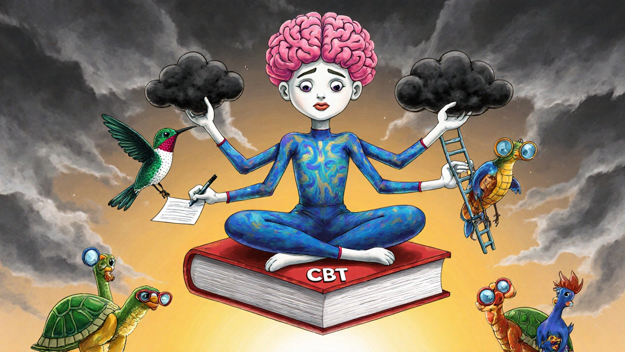 A brain-shaped alebrije spirit performing CBT actions, with helpful animals nearby and a transition from storm to dawn in the background.