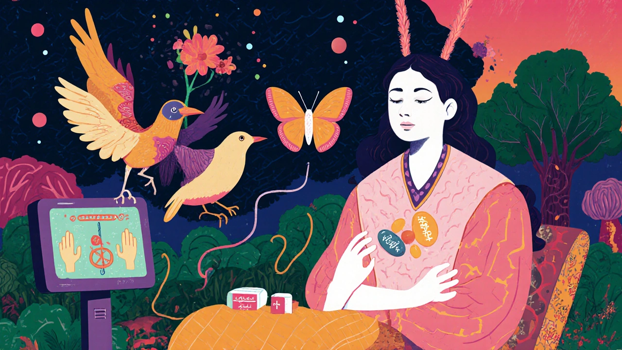 A calm patient surrounded by gentle non-SSRI spirits, with stable platelets and no bleeding symbols, set in a healing nature scene with alebrije patterns.