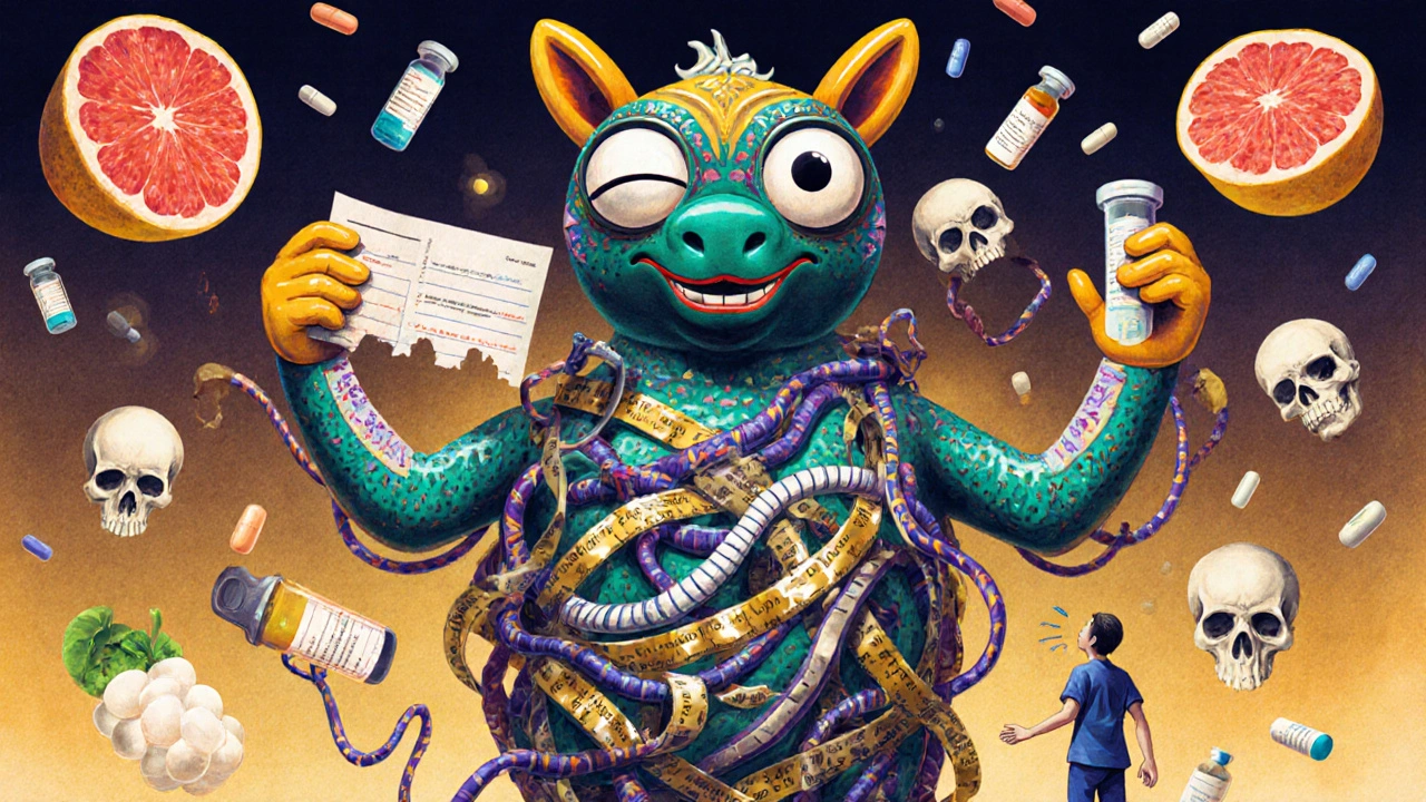 A chaotic alebrije with mismatched hands holding wrong medications, surrounded by warning symbols.