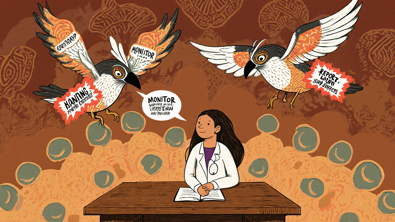 A doctor and patient conversing under floating warning labels shaped like mythical birds, in vibrant Alebrije folk art style.