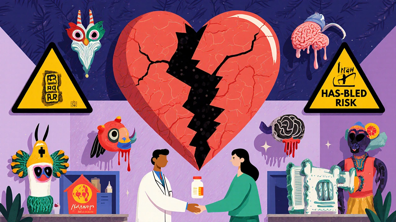 A doctor giving pills to a patient while above them, a fractured heart bleeds black stools and brain shadows in a folk-art medical clinic scene.